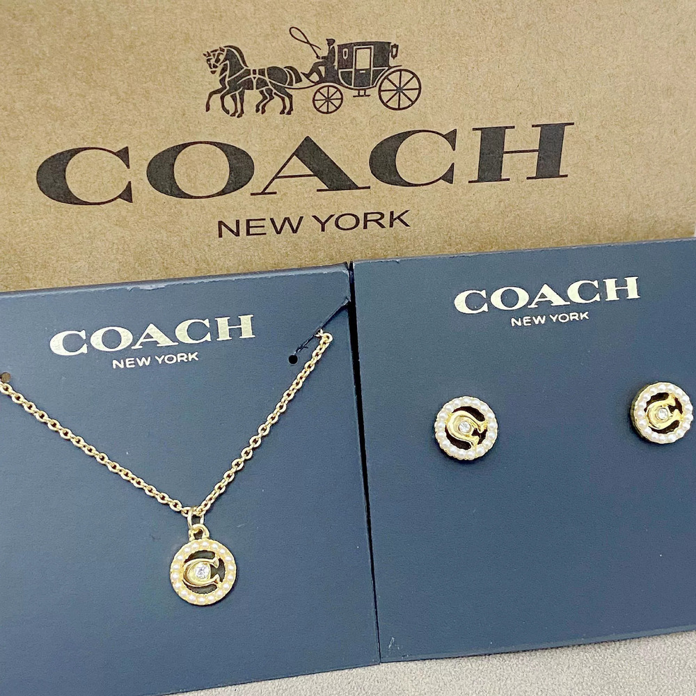 Coach Rice Pearl Stud Earrings Necklace Set